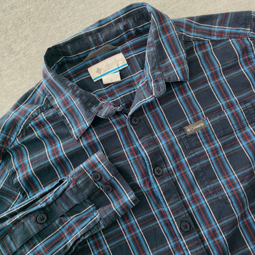 Columbia Mens Plaid Long Sleeve Button Down Shirt Navy Blue AM8053 Medium